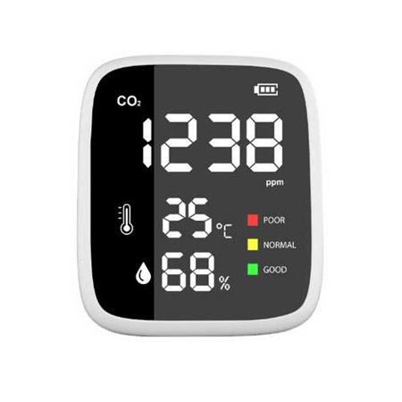 ZK-246 | Multifunctional air quality detector ZKTeco. Common display screen. 24-hour real-time monitoring. Detects CO2, temperature, humidity, power supply, air quality. HEIMANN sensor from Germany. High-capacity lithium battery (3000 mAh). Charging via Micro USB 5V. Low battery warning.