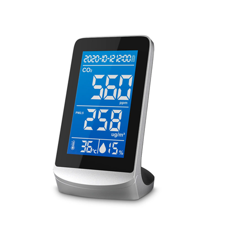 ZK-254 | Detector de calidad del aire multifuncional ZKTeco. Pantalla LCD a color de 4,3” (480x270 píxeles). Detecta AQI, HCHO, TVOC, CO2, PM2.5 / 1.0 / 10, temperatura, humedad. Batería de litio de gran capacidad (3000 mAh). Carga a través de Micro USB de 5V. Advertencia de batería baja