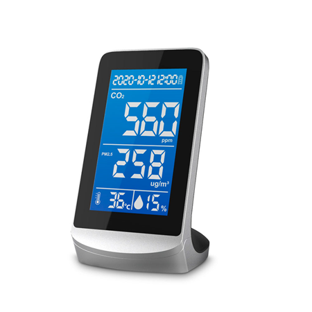 ZK-249 | Detector de calidad del aire multifuncional ZKTeco. Pantalla LCD a color de 4,3” (480x270 píxeles). Detecta CO2, PM2.5 / 1.0 / 10, temperatura, humedad. Batería de litio de gran capacidad (3000 mAh). Carga a través de Micro USB de 5V. Advertencia de batería baja