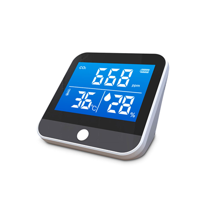 ZK-250 | Detector de calidad del aire multifuncional ZKteco. Pantalla LCD. Detecta dióxido de carbono (CO2), temperatura, humedad. Batería de litio de gran capacidad de 2000 mAh. Carga a través de Micro USB de 5V. Advertencia de batería baja