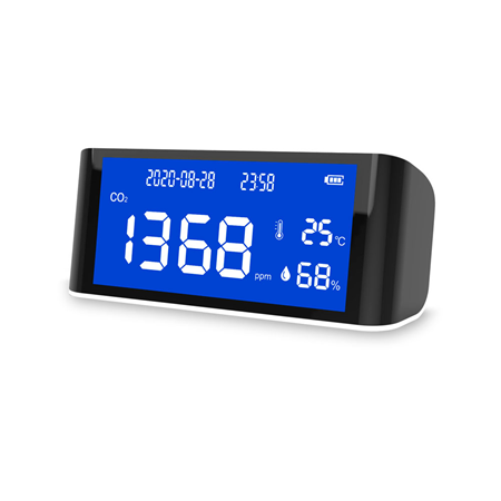 ZK-251 | Detector de calidad del aire multifuncional ZKteco. Pantalla LCD. Detecta dióxido de carbono (CO2), temperatura, humedad. Batería de litio de gran capacidad de 3000 mAh. Carga a través de Micro USB de 5V. Advertencia de batería baja