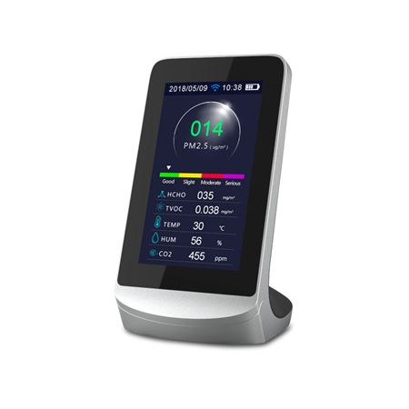ZK-255 | ZKTeco multifunctional air quality detector with WiFi. 4.3" colour LCD display (480x270 pixels). Detects CO2, PM2.5 / 1.0 / 10, formaldehyde, TVOC, temperature, humidity. High-capacity lithium battery (3000 mAh). Charging via Micro USB 5V. Built-in fan to extract ambient air for more accurate results in real-time. Low battery warning. WiFi compatible with NGTeco App