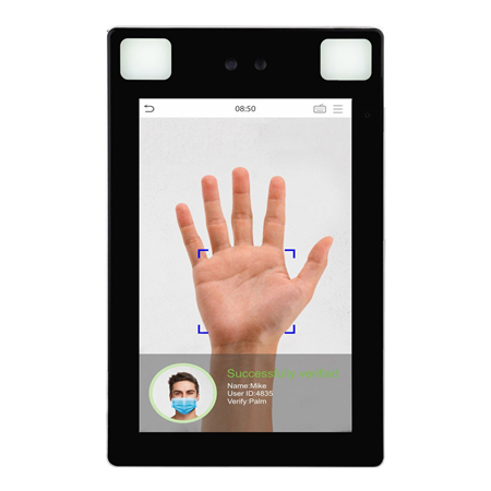ZK-270 | ZKTeco multibiometric access control terminal. Visible Light facial recognition technology. Improved hygiene with biometric verification without contact. Mask detection. Ultra-fast anti-counterfeiting facial algorithm. Computer Vision technology for contactless palm recognition. Compatible with the ZKBioSecurity software platform.