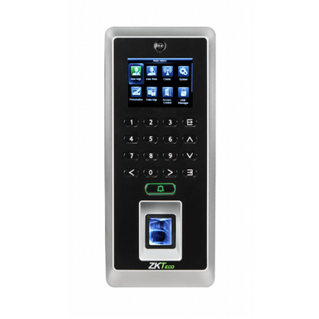 ZK-276 | ZKTeco biometric terminal for Access Control with EM 125KHz card reader. SilkID fingerprint reader with live object detection function. 2,4 inch TFT colour display. Multiple verification modes. Full access control functions: Anti-passback, access control interface for third party electric lock, door sensor, exit button, alarm and buzzer. Camera function: record photo, photo ID (optional). Built-in auxiliary input with enhanced flexibility to link to a wired detector or emergency switch.