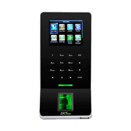 ZK-334 | Terminal biométrico para Control de Acceso y Presencia. Lector de proximidad Mifare. Pantalla TFT a color de 2,4". Identificación por huella, tarjeta, contraseña y combinaciones. Capacidad para 3000 huellas y 5000 tarjetas. Registro de hasta 30 000 eventos. TCP/IP, WiFi, USB, RS485, Wiegand y Relé. Apto para interior.