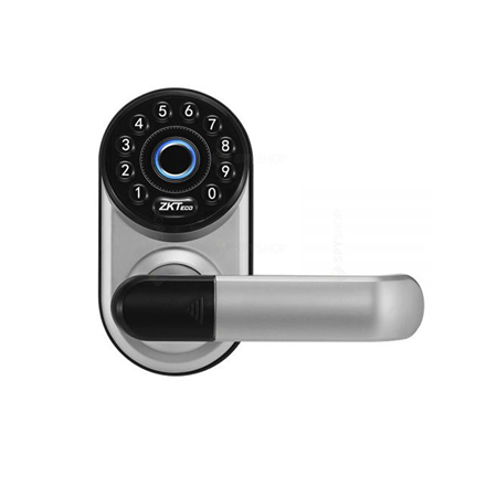 ZK-400 | ZKTeco smart lock with keyboard. Up to 100 users. Bluetooth. Reversible handle. Remote access. Fingerprint sensor. Random access code. Voice control (Amazon Alexa or Google Assistant). Smart alerts. No drilling required