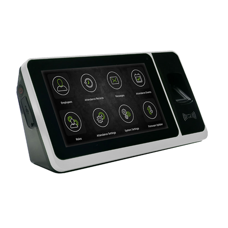ZK-404 | ZKTeco 4G Access and Presence Terminal. Dual module (ID + Mifare / Desfire). 7” multi-touch LCD screen with virtual keyboard. Up to 2,000 fingerprints and 10,000 cards. Up to 1,000,000 events. Equipped with backup battery. Time and attendance management app