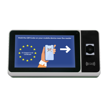 ZK-406 | Lecteur ZKTeco QR du certificat de vaccination COVID de l'UE. Terminal de contrôle d'accès multifonctionnel. Écran LCD multi-touch 7" avec clavier. Equipé d'une batterie auxiliaire