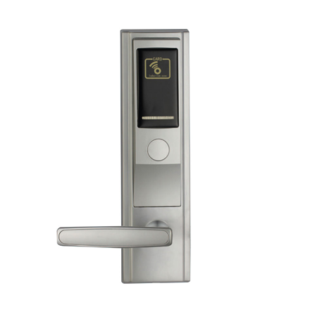ZK-56-I | Electronic hotel lock with RFID. Handle oriented to the left. With the most advanced technology in MIFARE-1 13.56MHz cards. American standard 5 latch. Zinc alloy housing in silver color. It has professional management software for hotel locks. One click installation. Records the last 224 events. Alarm to notify the low battery status. 62.5mm backset