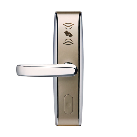 ZK-57-I | Electronic hotel lock with RFID. Handle oriented to the left. With advanced 13.56mhz Mifare-1 card technology. American standard lock with 5 latches. Zinc alloy housing with bright chrome finish (outdoor unit only). Professional lock management software. Records the last transaction. 224 lock operations. Low battery warning alarm. 70mm backset