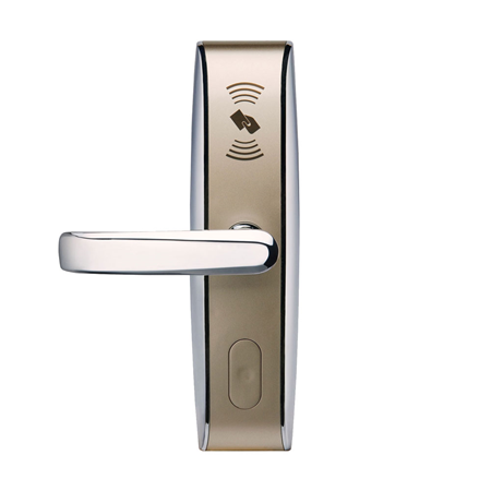 ZK-57-I | Cerradura electrónica de hotel con RFID. Maneta orientada hacia la izquierda. Con tecnología de tarjeta avanzada de 13,56 mhz Mifare-1. Cerradura estándar americano con 5 Pestillos. Carcasa de aleación de Zinc con acabado de cromo brillante (sólo unidad exterior). Software de gestión de cerradura profesional. Registra la última transacción. 224 operaciones de bloqueo. Alarma para avisar de batería baja. Backset de 70 mm