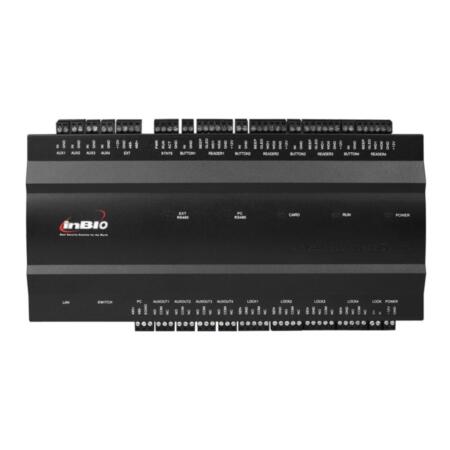 ZK-80 | Biometric controller for access control of 4 doors. Supports 8 RS485 readers + 4 Wiegand 26-bit readers. 30,000 cards. 3,000 fingerprints 100,000 events. TCP / IP, RS485. 12 entries / 8 outputs.