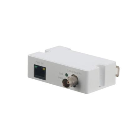 DAHUA-1154 | RJ45 10/100M to BNC converter. 1 channel receiver with power supply transmission via coaxial. Coaxial RG59 cable range: 400 m at 100Mbps, 1 km at 10Mbps.