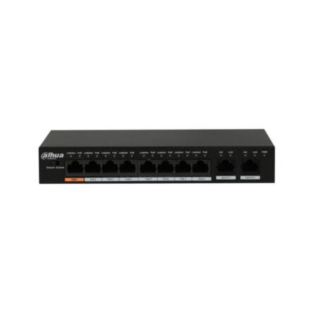 DAHUA-1414 | Switch comercial no gestionable (L2) de 8 puertos Fast Ethernet PoE + 2 puertos Uplink Gigabit Ethernet. Modo CCTV (Cat5 hasta 250m a 10Mbps). 48V DC (Incluido)