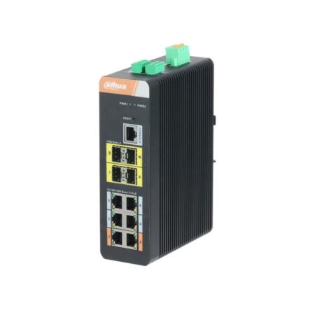 DAHUA-1421 | Switch Industrial gestionable (L2+) de 6 puertos Gigabit Ethernet PoE + 4 puertos 1000Base-X SFP. Lightning-proof 4KV. Temperatura de funcionamiento extendida. Admite modo anillo. 48V CC (no incluido)