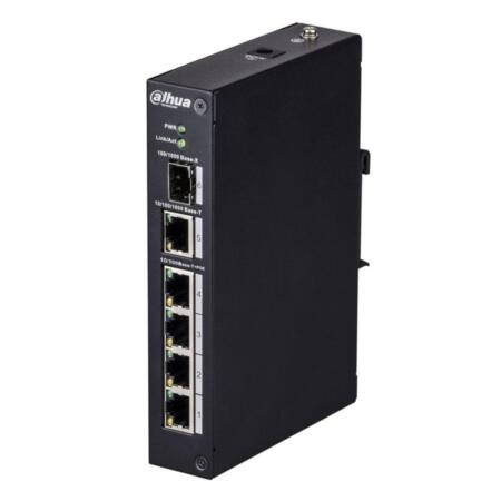 DAHUA-553 | Switch Industrial no gestionable (L2) de 4 puertos Fast Ethernet PoE + 1 puerto uplink Gigabit Ethernet + 1 puerto 1000 Base-X SFP. Temperatura de funcionamiento extendida. 12V CC (Incluido)