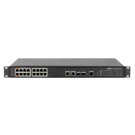 DAHUA-987 | Switch Comercial Gestionable (L2+) de 16 puertos Fast Ethernet PoE (Max 240W) + 2 puertos combo (2 puertos Gigabit Ethernet o SFP 1000 Base-X). Permite modo anillo. Modo CCTV (Cat5 hasta 250m a 10Mbps). 230V AC
