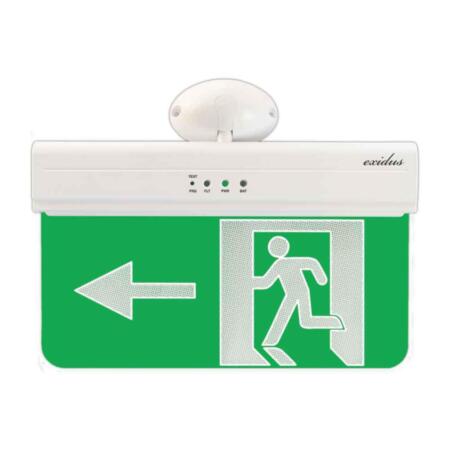 FOC-639L | Emergency EXIT signal (left side), EXIDUS line for ceiling or wall mount. Display up to 20 meters. IP20. 220V AC. Battery of 3,6V/1Ah.