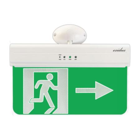 FOC-640R | Señal de SALIDA de emergencia hacia la derecha para montaje en techo o pared línea EXIDUS. Visualización de hasta 30 metros. IP20. 220V CA. Batería de 3,6V/1Ah.