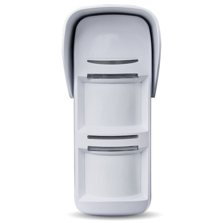 UPROX-040 | Detector PIR para exterior U-Prox. Cobertura de hasta 15 metros, 90°. Ajuste remoto de sensibilidad desde APP. Antimascotas de hasta 80 cm de altura. Antimasking. Dos pilas de litio CR123A con una vida útil de hasta 5 años. Grado de protección IP55. Soporte y visera incluidos. Color blanco.