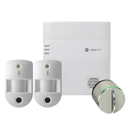 VESTA-120 | Kit VESTA composed by: 1x IP Ethernet Panel + 4G VESTA-047 security (HSGW-G8-4G-F1-ZW) of 160 zones via radio, Grade 2; 2x PIRCAM detectors via radio VESTA-008 (VST-862-F1) with Grade 2 ; 1X smart electronic lock for apartments SALTO-001 (D0ZE2); 1 cilinder adapter EU SALTO-005 (DCSLAE). Compatible with Google Home and Alexa.