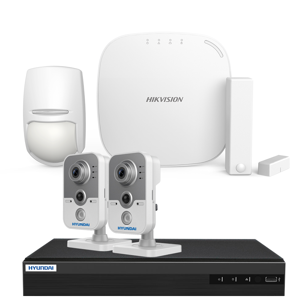 AXHUB-HDCUBE | Kit AXHub de HIKVISION compuesto por: 1x Panel de control de 32 zonas vía radio DS-PWA32HG de la serie AX, 1x detector de doble tecnología vía radio PYRO-72 (KX10DP-WE), 1x contacto magnético vía radio PYRO-48 (MC1MINI-WE), 1x ZVR 5 en 1 de 4 canales con sistema PoC HYU-391, 2x cámaras compactas HDTVI de 2MP con sensor PIR y sistema PoC HYU-483.