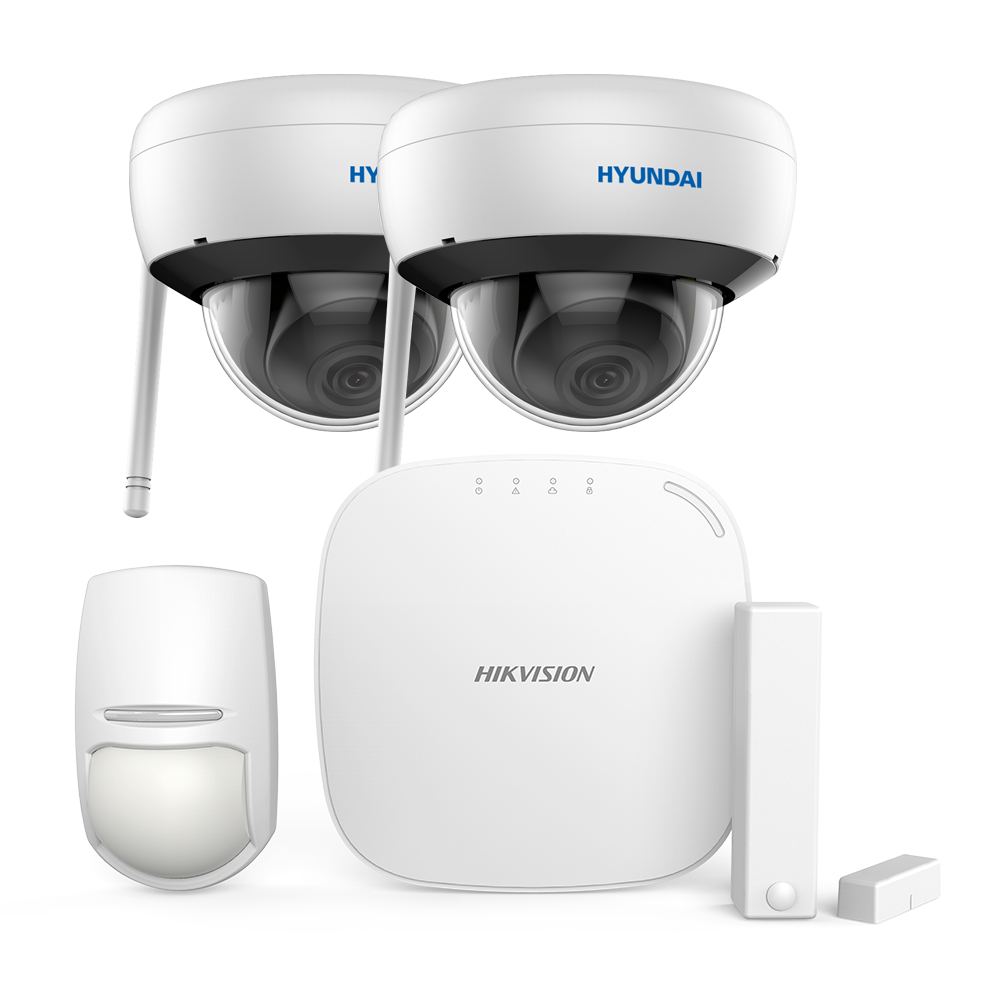 AXHUB-IPDOME | Kit AXHub de HIKVISION composé par: 1x Panneau de commande de 32 zones via radio DS-PWA32HG de la série AX, 1x Détecteur à double technologie par radio PYRO-72 (KX10DP-WE), 1x Contact magnétique par radio PYRO-48 (MC1MINI-WE), 2x dômes WiFi IP de 2MP HYU-649.