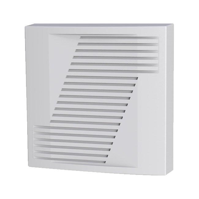 CQR-11 | Sirena piezoeléctrica de bajo perfil para uso en interiores. 110 dB (A) a 1 metro. Tono seleccionable como continuo o alternado. Incorpora tamper de caja y pared. Caja en plástico ABS de color blanco. EN50131 Grado 3, Clase ambiental II.