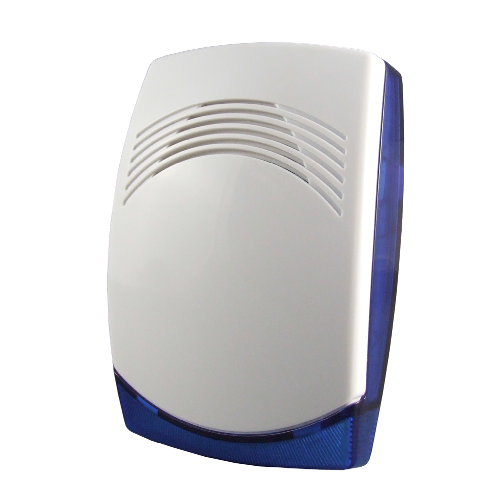 CQR-15 | Sirena piezoeléctrica de bajo perfil con lanzadestellos azul para uso en interiores. 112 dB (A) a 1 metro. Tono seleccionable como continuo o alternado. Incorpora tamper de caja y pared. Carcasa de policarbonato. EN50131 Grado 3, Clase ambiental II.