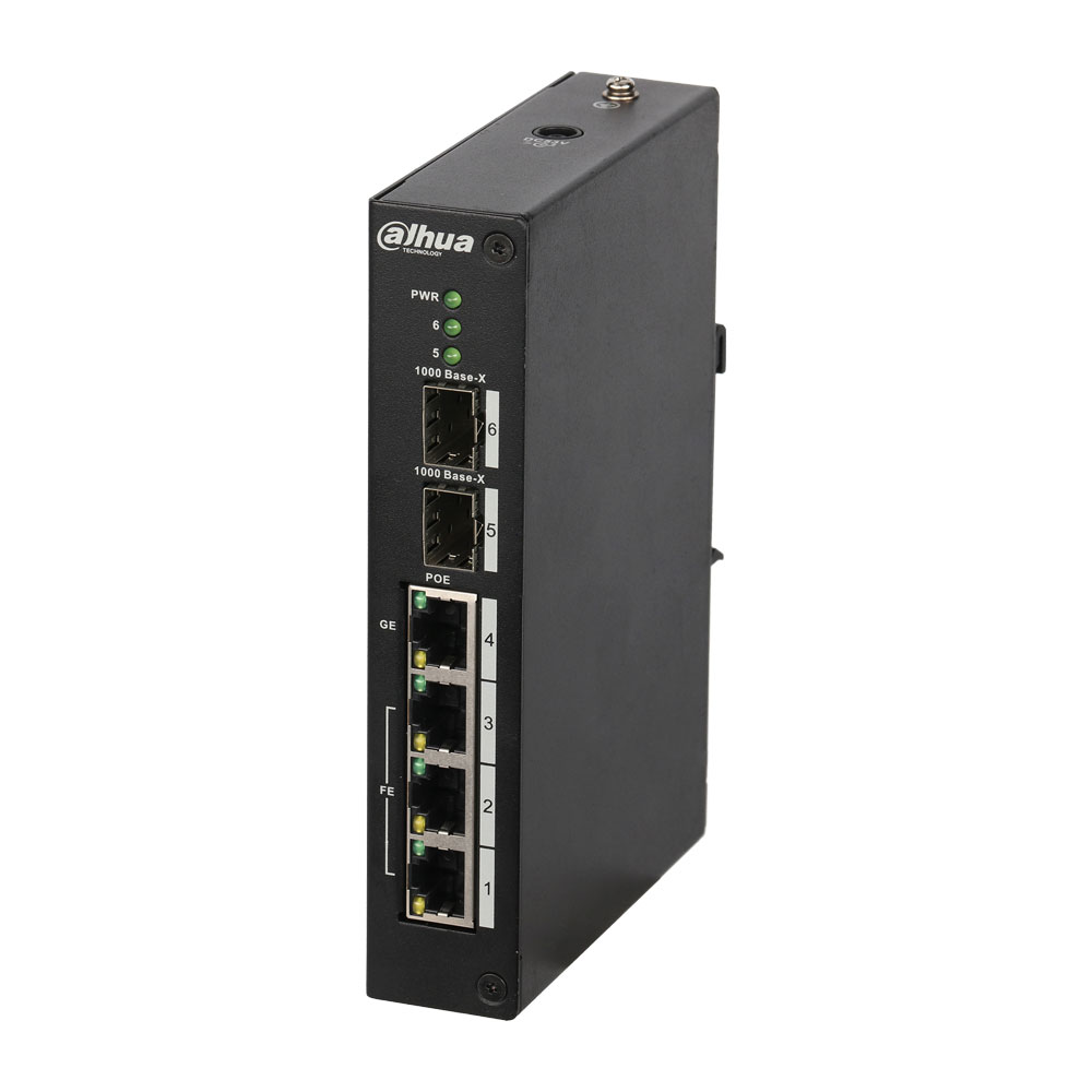 DAHUA-1344 | Switch PoE (máximo 120W) gestionable L2 de gama industrial con 3 puertos Fast Ethernet PoE + 1 puerto uplink Gigabit Ethernet PoE + 2 puertos 1000 Base-X SFP. Admite modo anillo. Temperatura de funcionamiento extendida. 48V CC (Incluido).