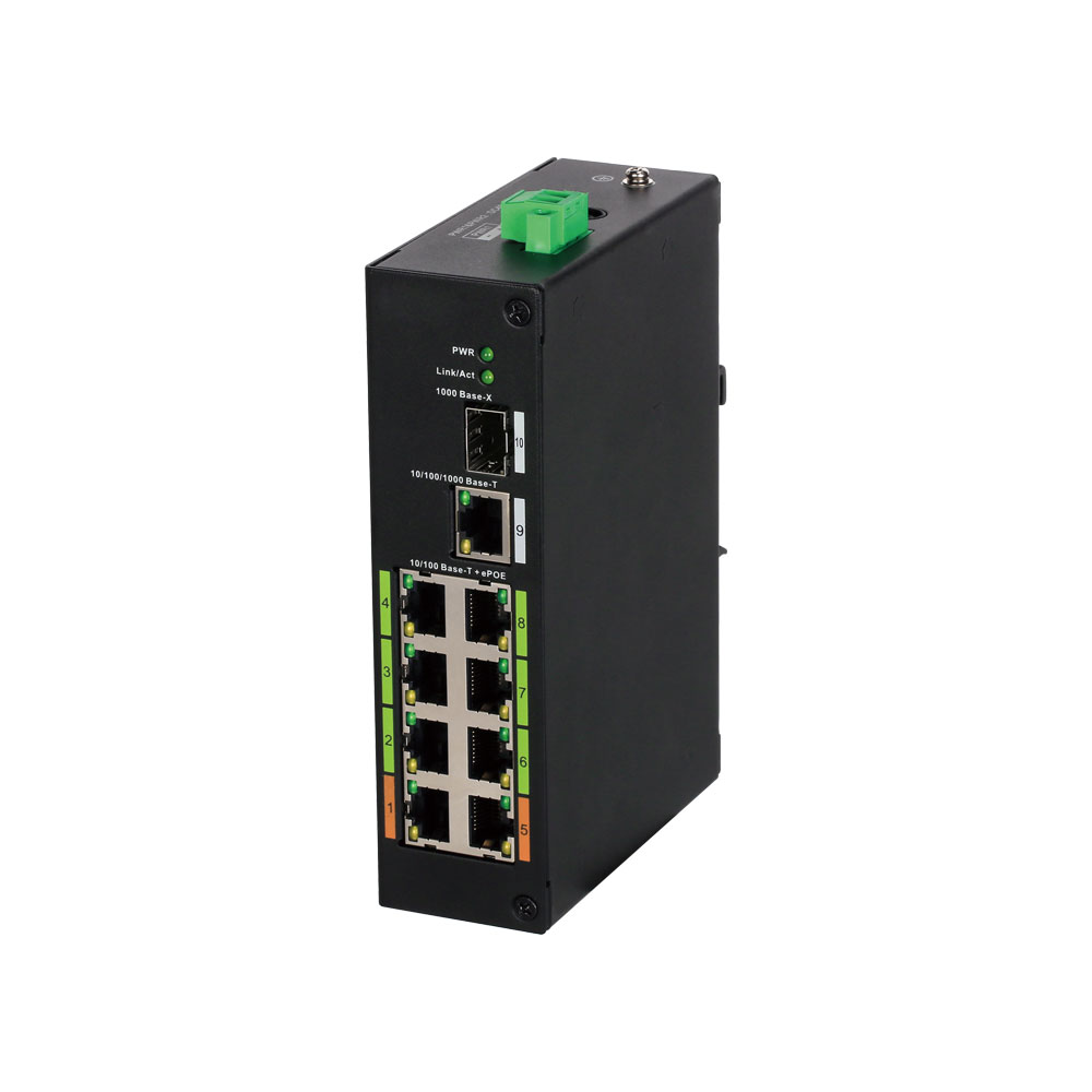 DAHUA-1593 | Switch industrial não gerido (L2) com 8 portas ePoE + 1 porta de ligação ascendente Gigabit Ethernet + 1 porta Gigabit Fibre SFP.