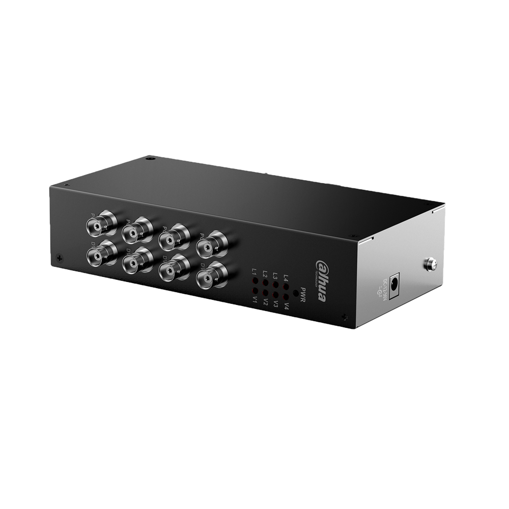 DAHUA-1635 | Transmisor PoC de 4 canales. Hasta 400 m de transmisión a través de RG59. Soporta hasta 15,6W en un solo canal. Control OSD hasta 400 m. Alimentación 12V ~ 36V CC. Permite alimentar hasta 4 cámaras HDCVI a la vez. Conexión en caliente.