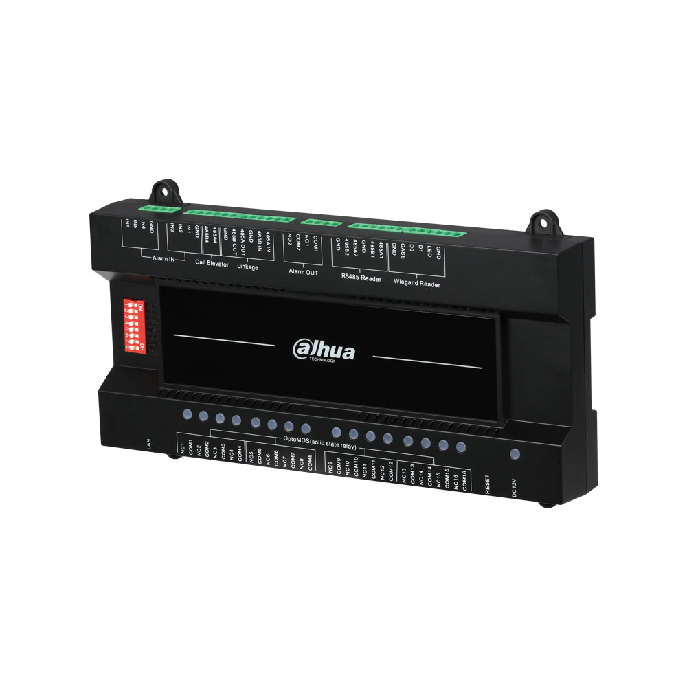 DAHUA-1659 | Controllatore di ascensori. Connessione di fino a 1 lettore Wiegand e 2 lettori RS485. Supporto di 8 dispositivi in cascata, controllo di permessi di fino a 128 piani. 6 entrate / 2 uscite di allarme. 30.000 registri di allarme e log. Supporto massimo di 60 moduli di chiamata. Liberazione di tutti i permessi della pianta in caso di allarme di incendio. Controllo remoto attraverso del cliente web.