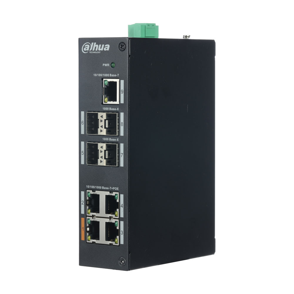 DAHUA-1758 | Switch industriel L2 PoE non gérable avec 4 ports PoE / PoE + / Hi-PoE Gigabit + port de liaison montante Ethernet 1 Gigabit + 4 ports 1000 SFP Base-X. Température de fonctionnement étendue 48V DC