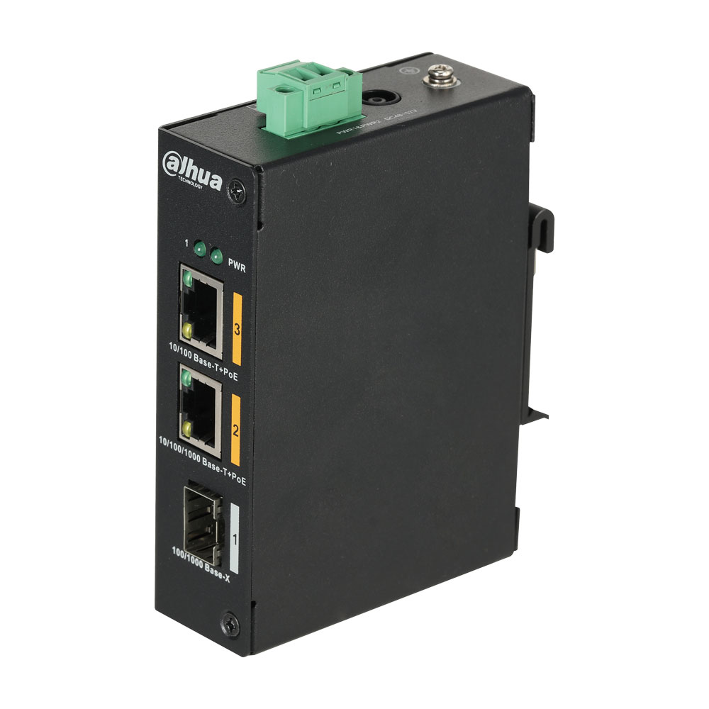 DAHUA-1794 | Switch PoE (maximum 60 W) gamme industrielle L2 non gérable avec 1 port Fast Ethernet PoE + 1 port Ethernet Gigabit PoE + 1 port uplnk SFP Gigabit. Température de fonctionnement étendue. 48V DC (inclus).