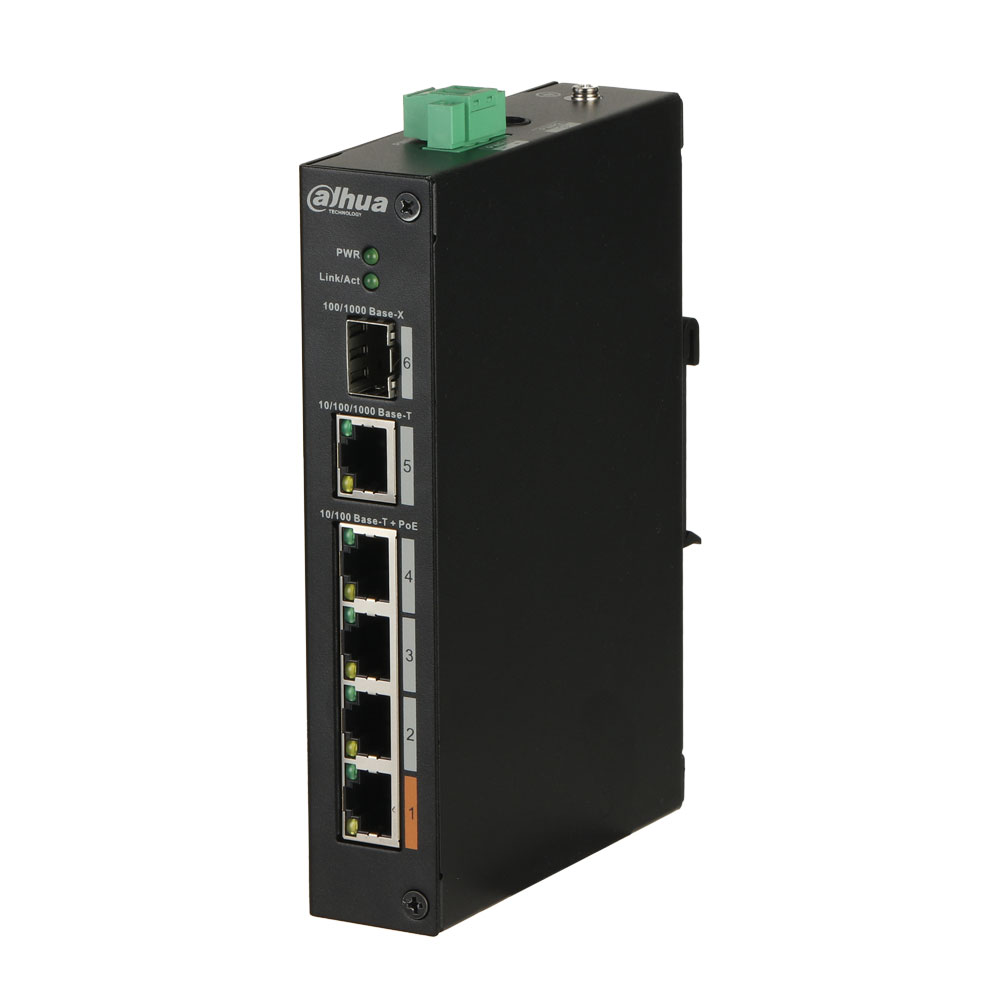 DAHUA-1805 | Switch PoE (máximo 60W) no gestionable L2 de gama industrial con 4 puertos Fast Ethernet PoE + 1 puerto uplink Gigabit Ethernet + 1 puertos 1000 Base-X SFP