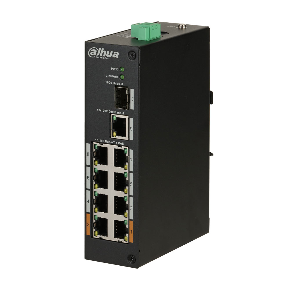 DAHUA-1806 | Switch PoE (maximum 96 W) gamme industrielle L2 non gérable avec 8 ports Fast Ethernet PoE + 1 port uplink Gigabit Ethernet + 1 port SFP 1000 Base-X. Température de fonctionnement étendue. 48V DC (inclus).