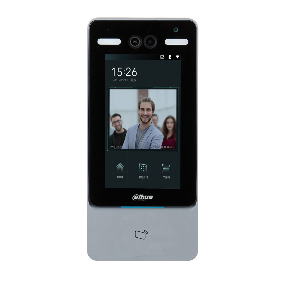DAHUA-2026N | Terminal biométrico Dahua de control de accesos/presencia con identificación por reconocimiento facial, tarjeta ID, contraseña y combinaciones. Pantalla táctil IPS de 7" 600x1024. 50.000 usuarios. 50.000 contraseñas. 50.000 rostros. 50.000 tarjetas. 100.000 eventos. 1 cerradura, 1 sensor de puerta, 1 botón de salida. Tamper. RS485, RS232, entrada/salida Wiegand, puerto USB 2.0. Comunicación TCP. 12V CC.