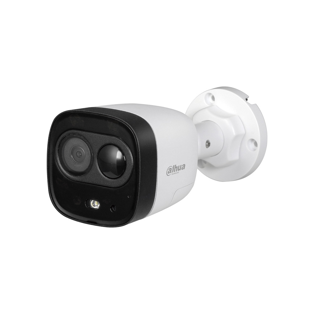 DAHUA-2214 | HDCVI PIR series bullet camera with active deterrence, 20m Smart IR and motion detection by PIR, for outdoors. 1 / 2.7 ”5MP CMOS. 4-in-1 output (HDCVI / HDTVI / AHD / 960H) switchable by OSD. Fixed 2.8 mm (99 °) lens. 0.02 lux. ICR filter. OSD, AWB, AGC, BLC, HLC, Digital WDR, 2D-NR. IP67. 3AXIS. 12V DC.