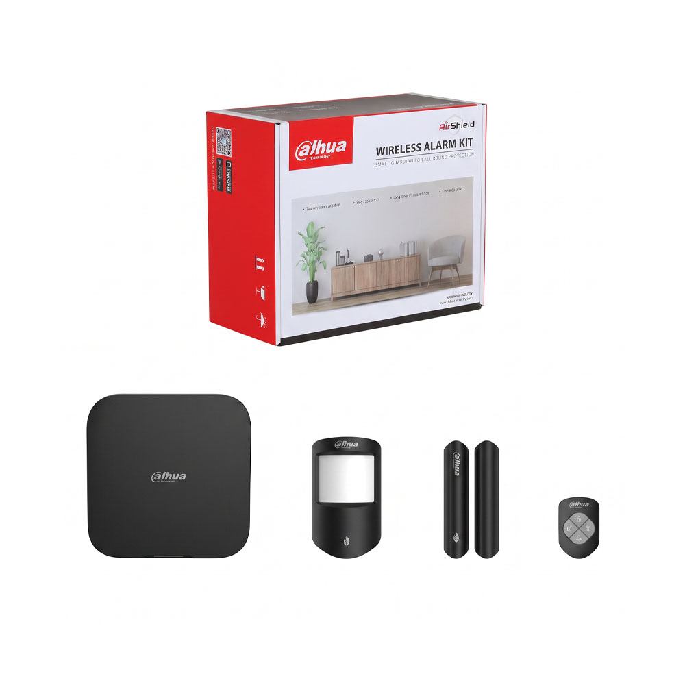 DAHUA-5582 | Kit d'alarme radio Dahua 868 MHz Grade 2 en noir avec détecteur PIR, contact magnétique et télécommande