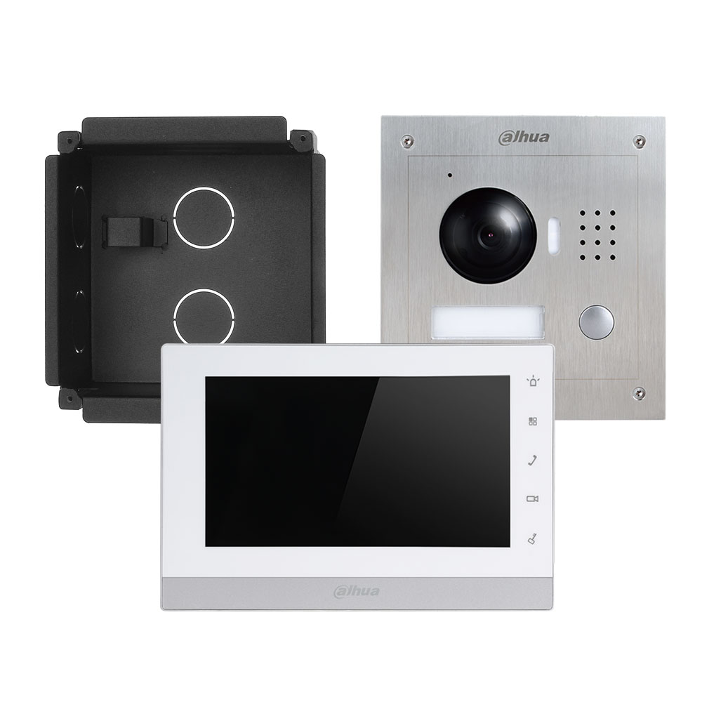 DAHUA-683N-FLUSH | Kit de videoportero IP a dos hilos de exterior + caja de montaje empotrado + monitor IP de 7" + conversor de 2 hilos + Alimentadores