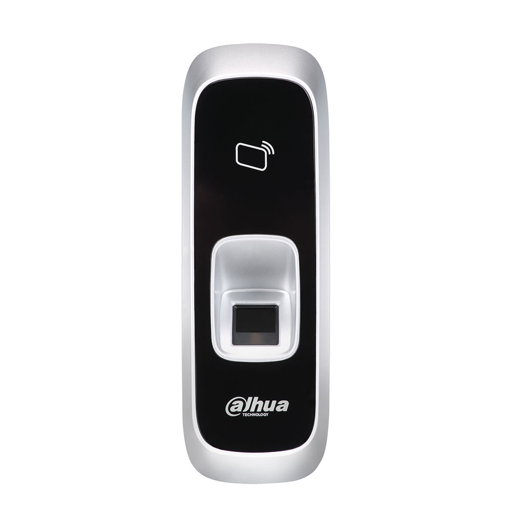 DAHUA-909N | Lector biométrico Dahua de control de accesos con lector de tarjetas MIFARE. Capacidad de hasta 3000 huellas dactilares. Soporta lectura de tarjetas MIFARE y lectura de huella. Función Watchdog que garantiza que el dispositivo no se detenga. Pitido e indicador. Alarma por tamper. Comunicación RS485 a controladora. No apto para exteriores. 12V CC. Instalación en superficie