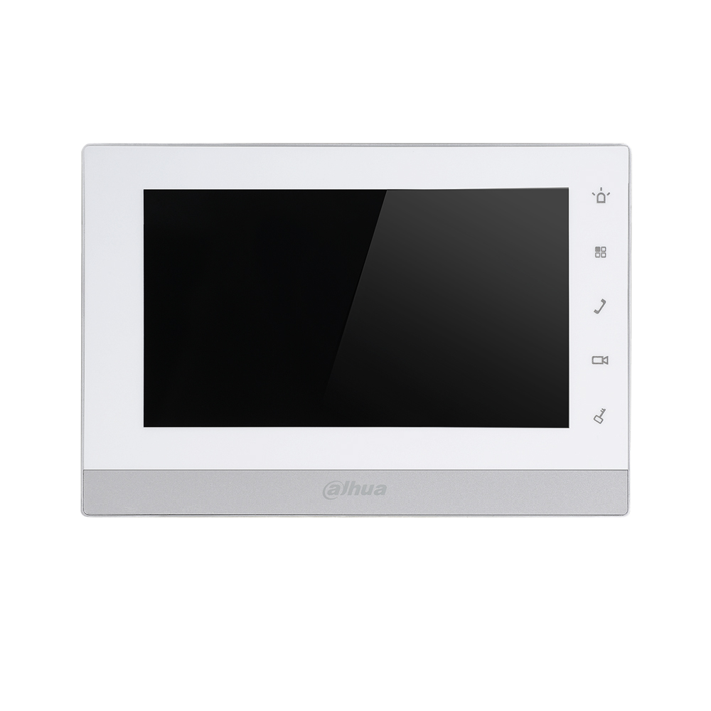 DAHUA-979N | Monitor Dahua a colori di 7” a 2 fili per interno. Schermo touch capacitativo e pulsanti touch. Formato H.264. Microfono omnidirezionale e altoparlante. 6 entrate / 1 uscita di allarme. Porta RS485. Slot MicroSD (scheda non inclusa). Installazione in superfice.