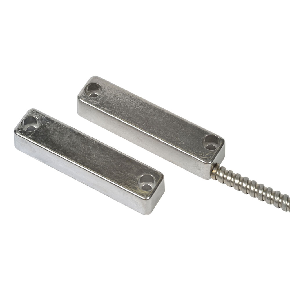 DEM-1281-G2 | Magnetic contact of mid power suitable for metalwork. Aluminum case with electro polish finish. Aperture/closure operative distance Y of 55/33 mm. Aperture/closure operative distance Z of 65/33 mm. Alnic 5 magnet. 2 m cable hoose with 60 cm of flexo protector steel. EN50131-2-6 Grade 2, Class III.