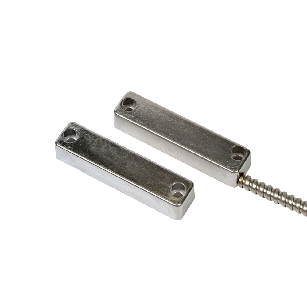 DEM-1281 | Contact magnétique de puissance moyenne. Boîtier en aluminium. Distance de fonctionnement en ouverture de 30 mm. Distance de fonctionnement en fermeture de 20 mm. Aimant Alnico. Anti-sabotage Poignée en métal 30 cm. Formulaire de contact A. UNE.108-210.
