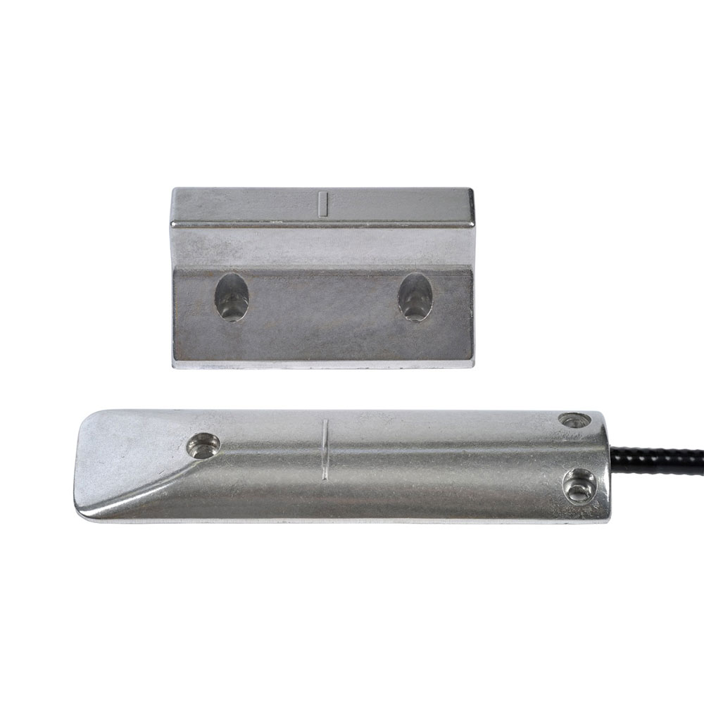 DEM-57-G2 | Magnetic contact big base of high power ideal for metal doors. Heavy weight vehicles passage supported. Aluminum case with electro polished finish. Aperture/closure operative distance Y of 95/75 mm. Aperture/closure operative distance Z of 50/50 mm. Isotropic ferrite magnet. EN50131-2-6 Grade 2, Class III.