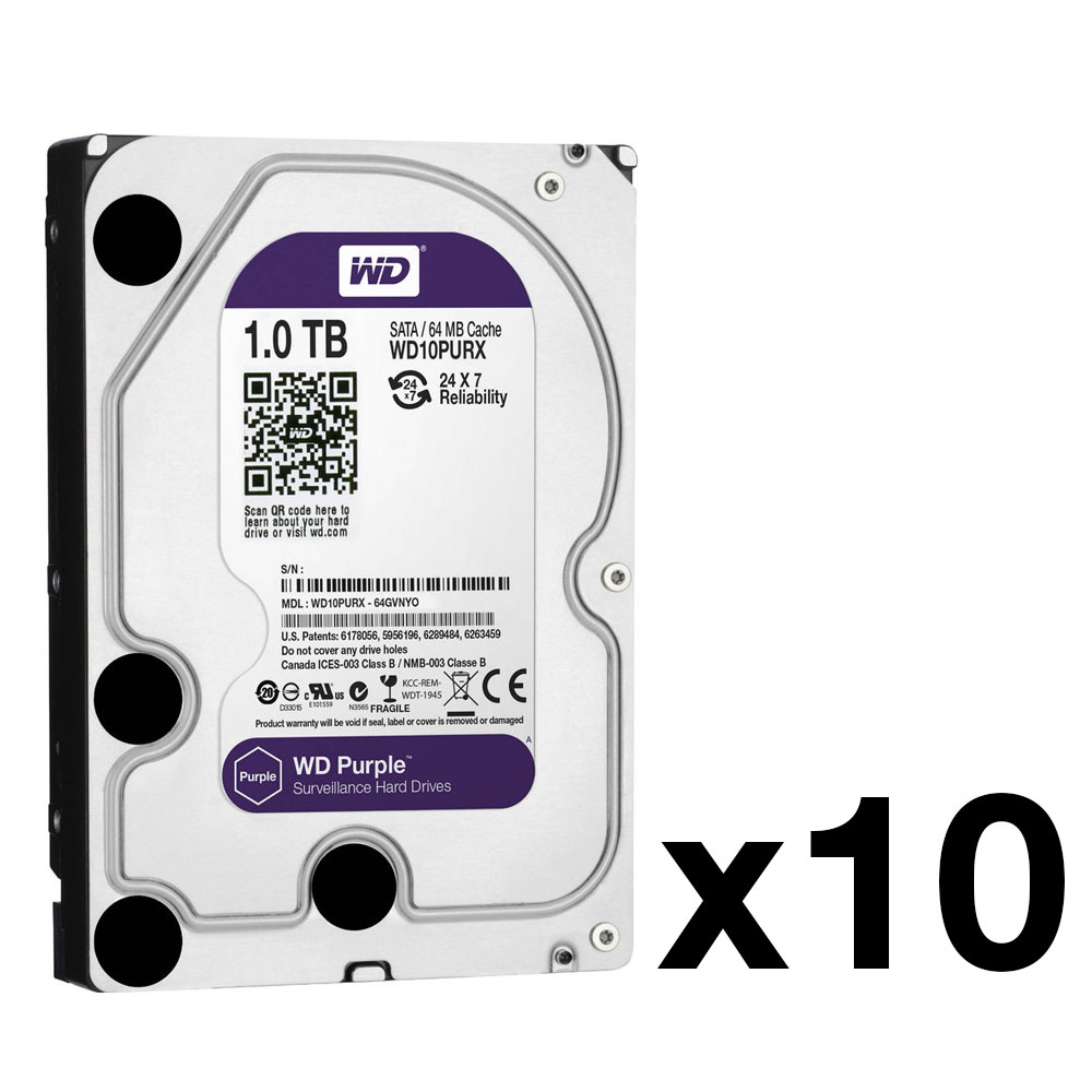 HDD-1-PACK10N | Pack de 10 discos duros con capacidad de 1 TB (modelo WD10PURX), especial para videograbadores