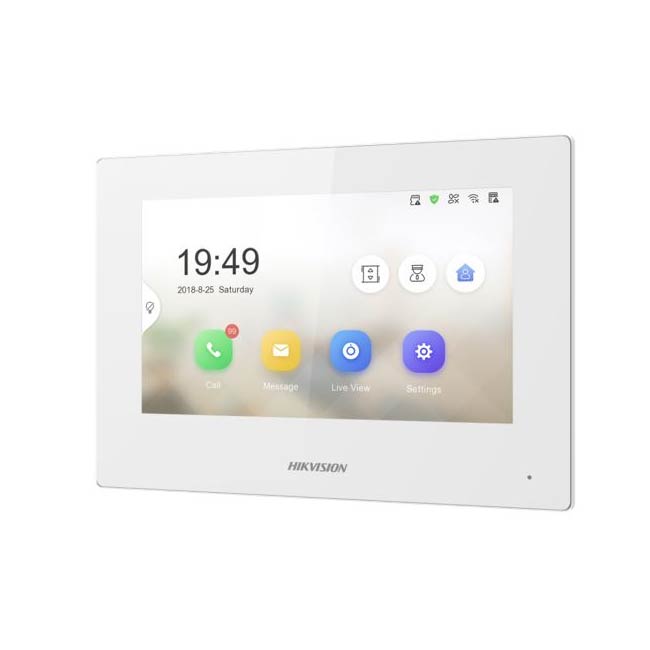 HIK-185 | Moniteur IP HIKVISION à deux fils pour l'intérieur. Prend en charge le WiFi Écran tactile capacitif couleur 7 "(1024x600). Boutons tactiles. Microphone et haut-parleur intégrés. Interface réseau à deux fils. 8 entrées / 2 sorties d'alarme. RS485.