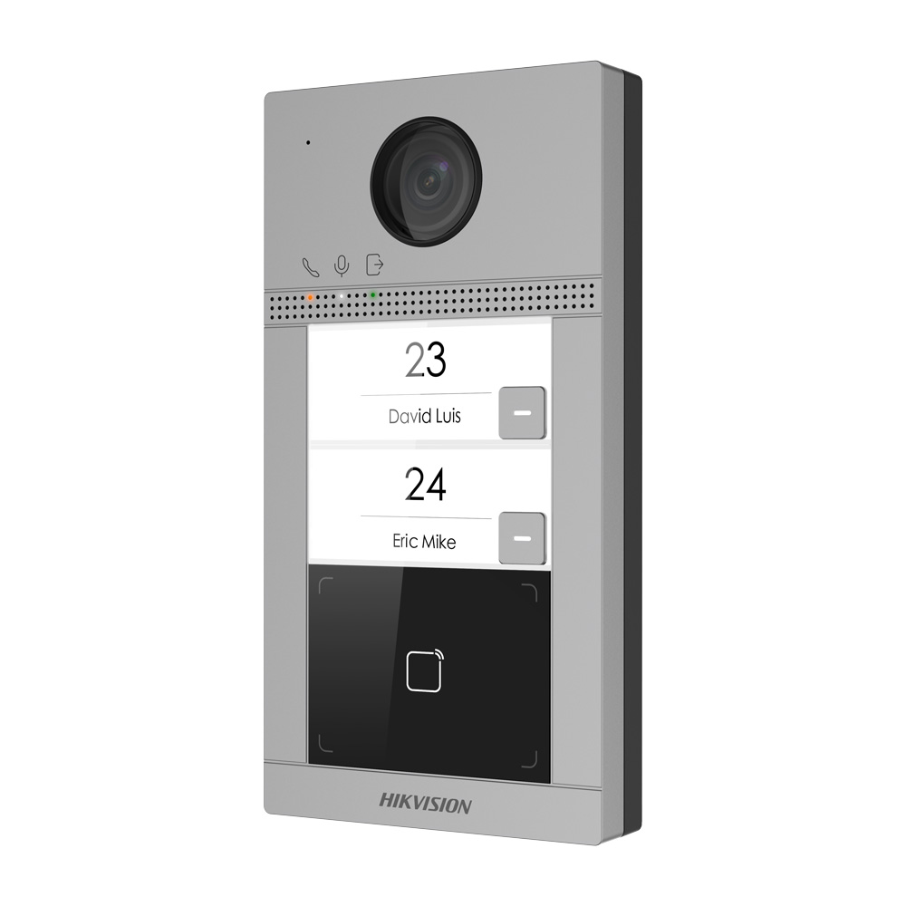 HIK-207 | Estación de videoportero IP HIKVISION con cámara de 2MP y dos puntos de llamada. Instalación en superficie o empotrada. 2 botones físicos. Función de control de accesos. Incorpora micrófono y altavoz. Fast Ethernet. 4 entradas / 2 salidas de alarma. WiFi 2,4GHz. 12V CC. PoE.