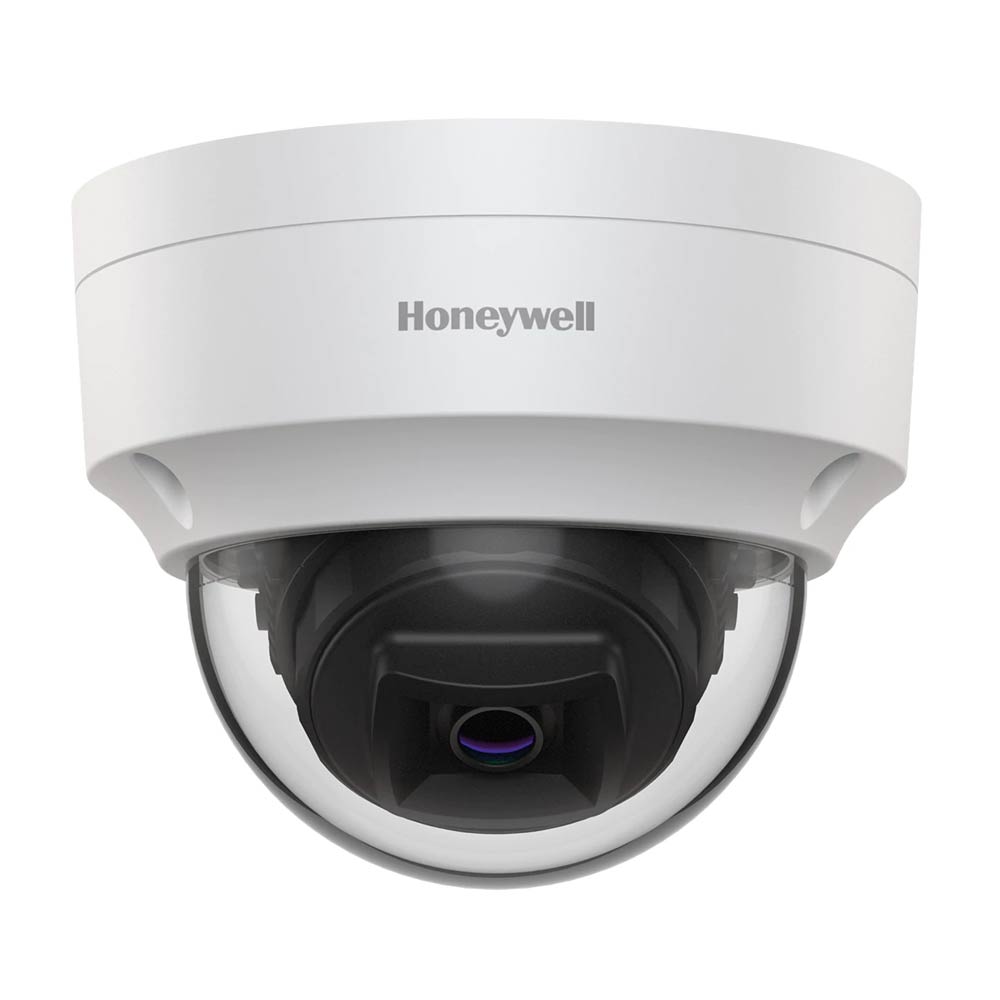HONEYWELL-201 | Domo fijo IP de HONEYWELL de 5MP con Smart IR 30m, antivandálico apto para exterior. Formatos H.265, H.264, códec inteligente, MJPEG. Triple stream. CMOS 1/2,7" de 5MP. Resolución digital de 5MP@25/30IPS. Filtro mecánico. 0,03 lux. Óptica fija de 2,8 mm (103°). OSD, AGC, HLC, WDR 120dB, 3D RRD, videosensor, máscaras de privacidad, zona ROI fija. Ranura MicroSD. Onvif. IP66, IK10. 12V CC. PoE.